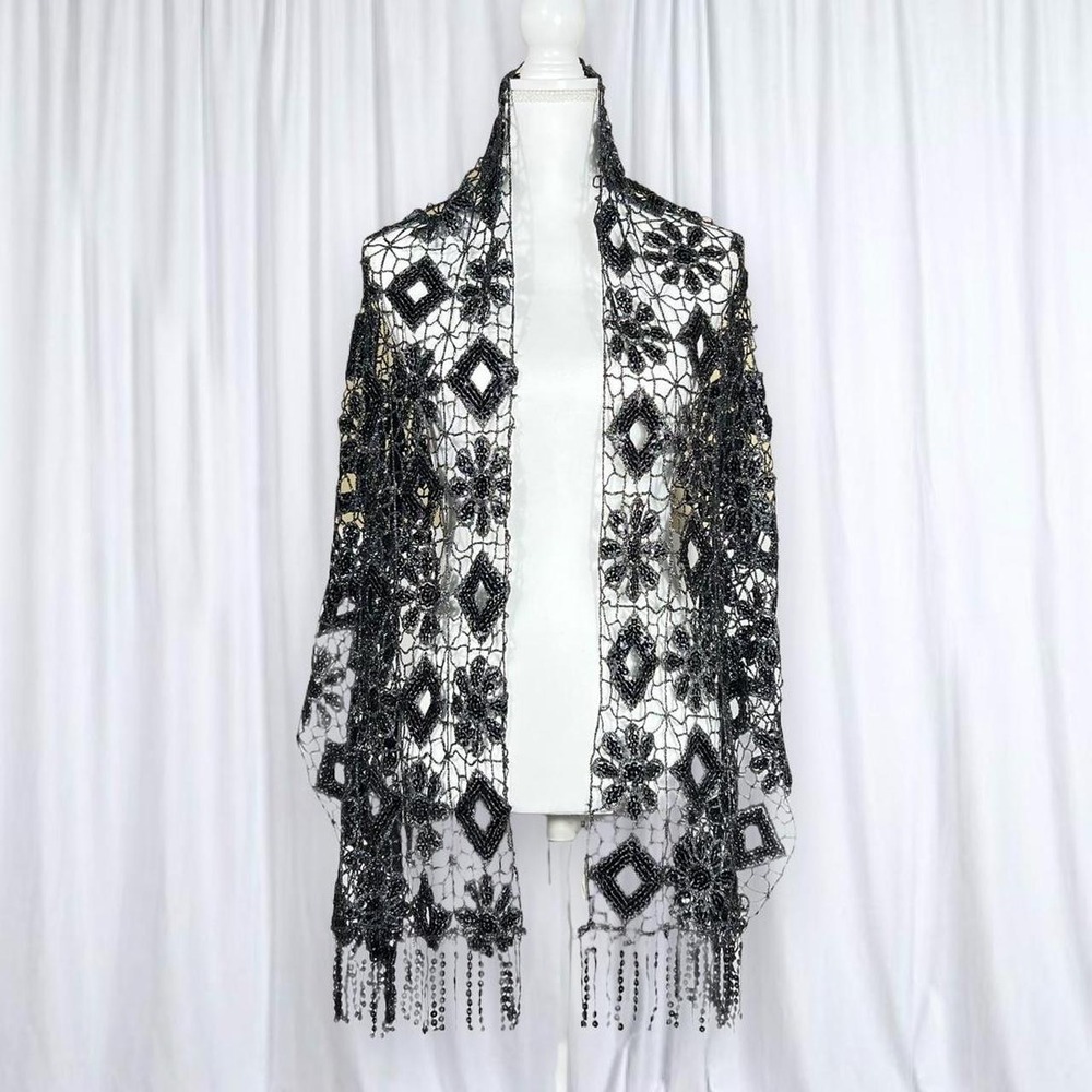 Cato Black Beaded Fringe Shawl Silver Sequins Floral Embroidery One Size